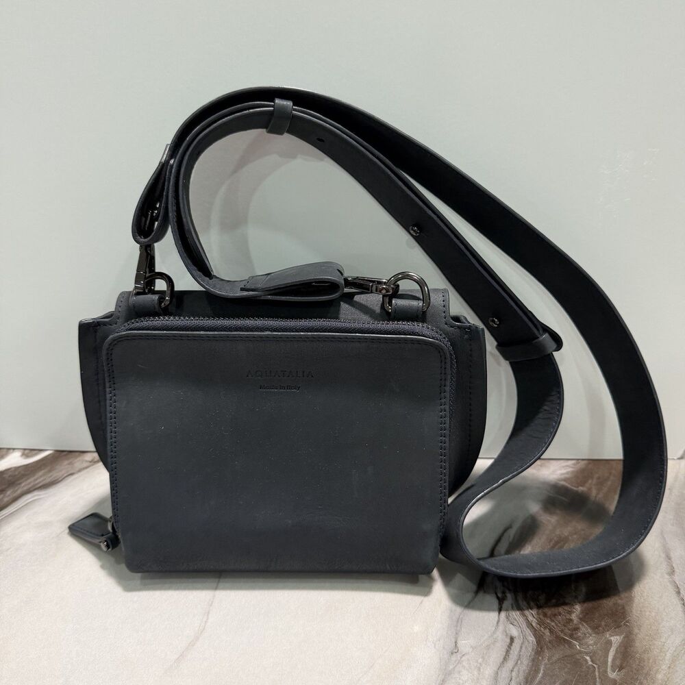Aquatalia Soho Black Leather Crossbody Camera Bag - Made in Italy Weatherproof